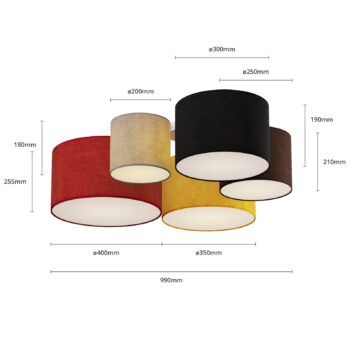 Stropné svietidlo Lindby Laurenz, 5 svetiel, 93 cm, červená/žltá, textil