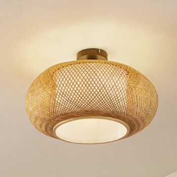 Stropné svietidlo Lindby Romaine, bambus, prírodné/biele, Ø 50 cm