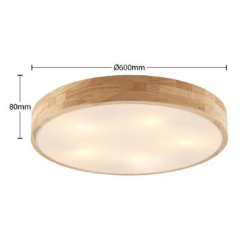 Stropné svietidlo Lindby Tanju, Ø 60 cm, 5 svetiel, dubové drevo, E27