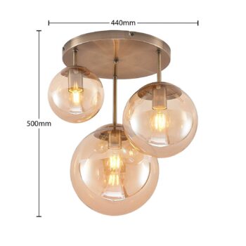 Stropné svietidlo Lindby Teeja, jantárová farba, 3 svetlá, Ø47cm, sklo, E27
