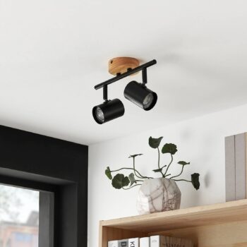 Stropné svietidlo Lindby Xiomara, 2 svetlá, dĺžka 27 cm, drevo