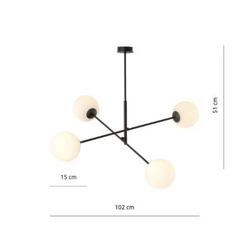 Stropné svietidlo Linear, čierne/opálové, 4-plameňové