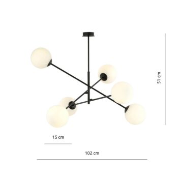 Stropné svietidlo Linear, čierne/opálové, 6-plameňové