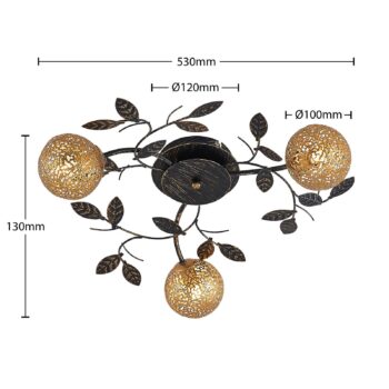 Stropné svietidlo Lucande Evory, Ø 53 cm, 3 svetlá, čierna/zlatá, G9