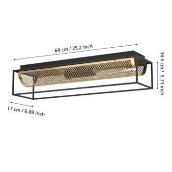 Stropné svietidlo Nohales, dĺžka 64 cm, čierna/mosadz, 2 svetlá.
