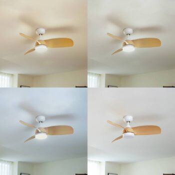 Stropný ventilátor Lindby LED Enon, biela/drevená farba, DC, tichý