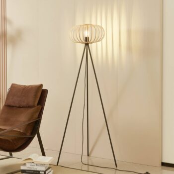 Trojnožková stojacia lampa Lindby Lielle, prírodný bambus, Ø 40 cm