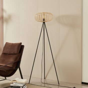 Trojnožková stojacia lampa Lindby Lielle, prírodný bambus, Ø 40 cm