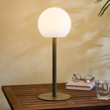 Vonkajšia stolová LED lampa Lindby Eleia, zelená, kov, dobíjateľná batéria