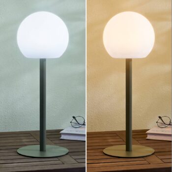 Vonkajšia stolová LED lampa Lindby Eleia, zelená, kov, dobíjateľná batéria