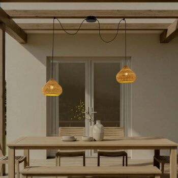 Vonkajšia závesná lampa Lucande Taniola, 2-pl., béžová, ratan, IP44