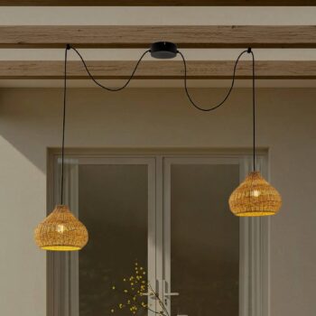 Vonkajšia závesná lampa Lucande Taniola, 2-pl., béžová, ratan, IP44