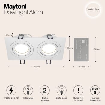 Zápustné svietidlo Maytoni Atom, biele, 2 svetlá, 17,5 x 9,2 cm