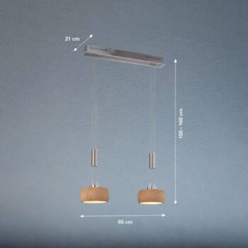 Závesná LED lampa Shine-Wood, dubové drevo/nikel, 65 cm, 2 svetlá.