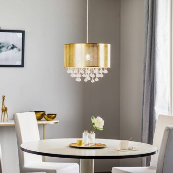 Závesná lampa Amy s plastovými krištáľmi, zlatá