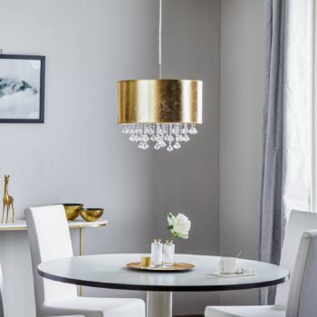Závesná lampa Amy s plastovými krištáľmi, zlatá