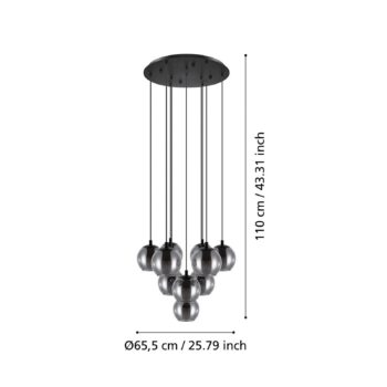 Závesná lampa Ariscani, čierna, Ø 65 cm, oceľ/sklo, 10 svetiel.