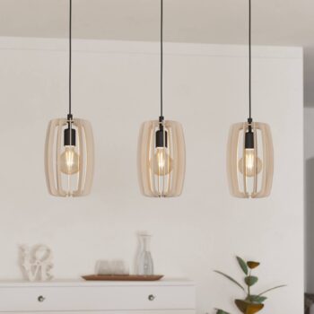 Závesná lampa Bajazzara tri klietkové tienidlá pieskovej farby