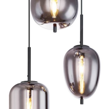 Závesná lampa Blacky, čierna/dymovo sivá, Ø 46 cm, sklo, 3 svetlá.