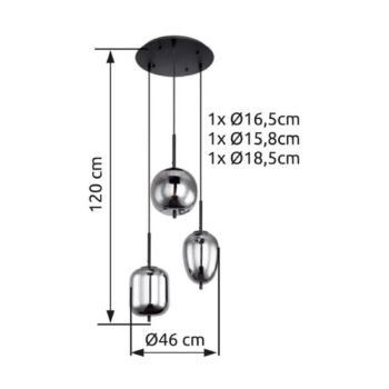 Závesná lampa Blacky, čierna/dymovo sivá, Ø 46 cm, sklo, 3 svetlá.