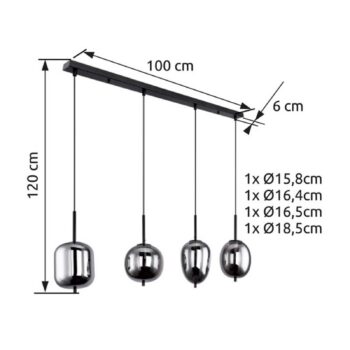 Závesná lampa Blacky, čierna/dymovo sivá, dĺžka 110 cm, 4 svetlá.