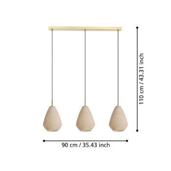 Závesná lampa Caprarola, dĺžka 90 cm, piesková farba, 3 svetlá, sklo