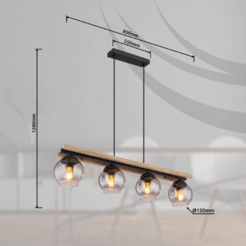 Závesná lampa Conni, dĺžka 85 cm, dymovo sivá, drevo/sklo, 4 svetlá.