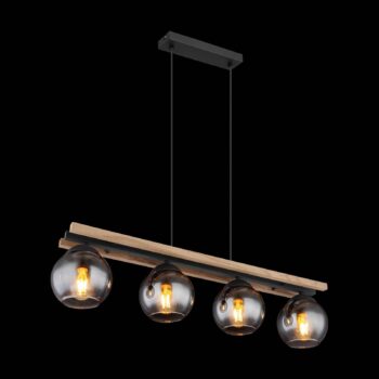 Závesná lampa Conni, dĺžka 85 cm, dymovo sivá, drevo/sklo, 4 svetlá.