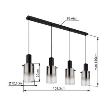 Závesná lampa Florentina, dĺžka 103 cm, dymovo sivá, sklo, 4 svetlá.