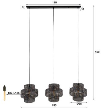 Závesná lampa Lantern čierna/pálená dĺžka 135cm kovová 3-svetelná