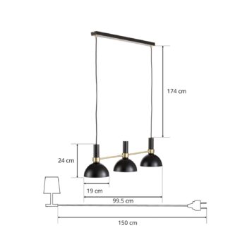 Závesná lampa Larry, tri svetlá, čierno-mosadzná