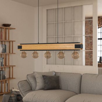 Závesná lampa Layham, čierna/svetlé drevo, dĺžka 96 cm, 5 svetiel.