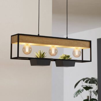 Závesná lampa Libertad 1, dĺžka 76 cm, čierna/drevo, 3 svetlá.