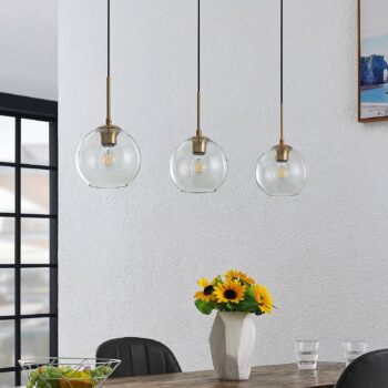 Závesná lampa Lindby Grady, mosadz/čierna, 110 cm, kov, sklo