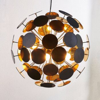 Závesná lampa Lindby Kinan, Ø 54 cm, čierna, zlatá, kov