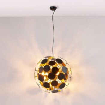 Závesná lampa Lindby Kinan, Ø 54 cm, čierna, zlatá, kov