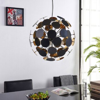 Závesná lampa Lindby Kinan, Ø 54 cm, čierna, zlatá, kov