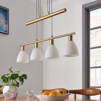 Závesná lampa Lindby Simeon, mosadzná farba, sklo, 73 cm, E14