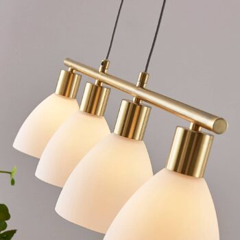 Závesná lampa Lindby Simeon, mosadzná farba, sklo, 73 cm, E14