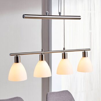Závesná lampa Lindby Simeon, niklová farba, sklo, 73 cm, E14