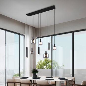Závesná lampa Mataro, chróm/čierna, 118 cm, 8 svetiel, sklo/kov