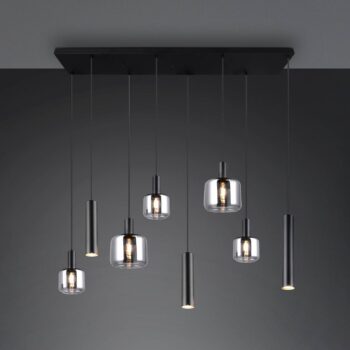 Závesná lampa Mataro, chróm/čierna, 118 cm, 8 svetiel, sklo/kov
