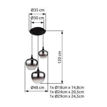Závesná lampa Maxy, Ø 48 cm, dymovo sivá, sklo, 3 svetlá.