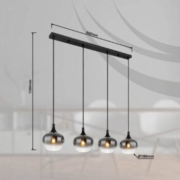 Závesná lampa Maxy, dĺžka 100 cm, dymovo sivá, sklo, 4 svetlá.