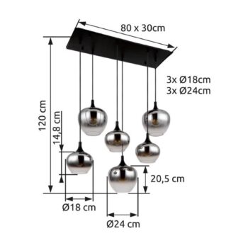 Závesná lampa Maxy, dĺžka 86 cm, dymovo sivá, sklo, 6 svetiel.