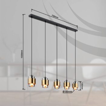 Závesná lampa Milley, dĺžka 105 cm, mosadzná farba, 5 svetiel.