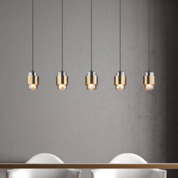 Závesná lampa Milley, dĺžka 105 cm, mosadzná farba, 5 svetiel.