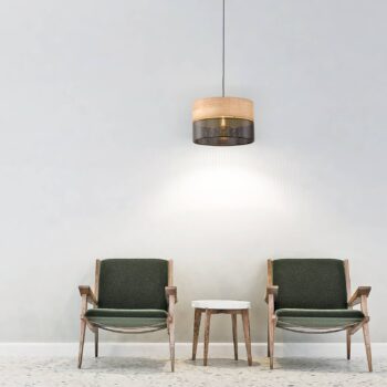 Závesná lampa Nicol, čierna/drevený efekt, Ø 38 cm, 1 svetlo, 1 x E27
