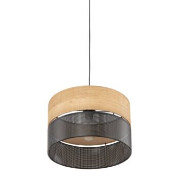 Závesná lampa Nicol, čierna/drevený efekt, Ø 38 cm, 1 svetlo, 1 x E27