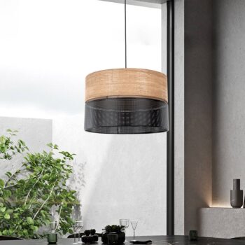 Závesná lampa Nicol, čierna/drevený efekt, Ø 50 cm, 1 svetlo, 3 x E27